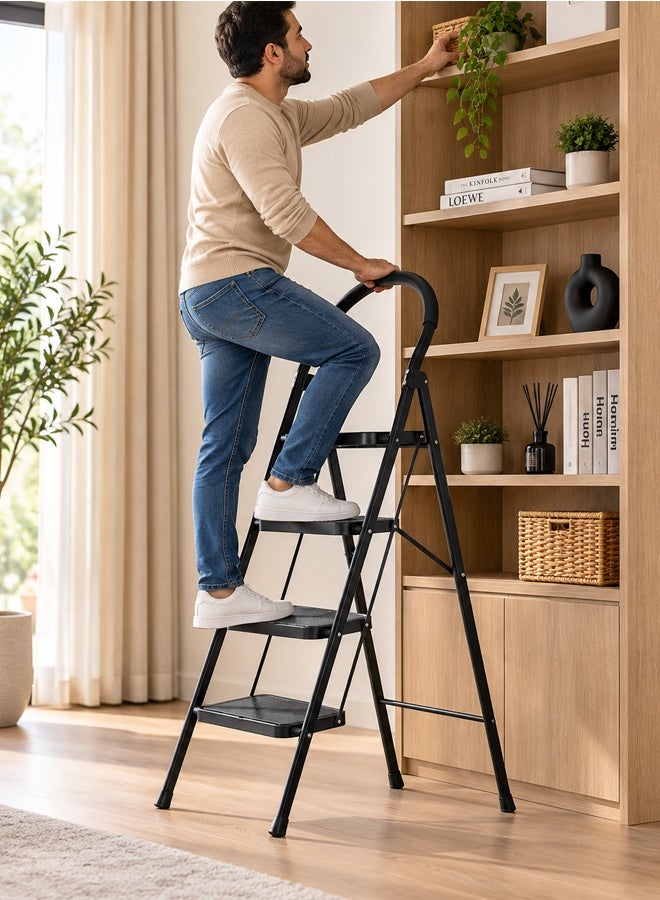NKX 4 Step Folding Ladder with Handrail, Heavy Duty Steel Step Stool, Non-Slip Wide Steps, Portable Safety Ladder for Home, Kitchen, Cleaning & DIY - Image 3