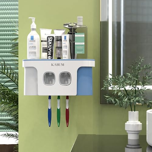 Toothbrush Holders for Bathroom Organizer 2 Cups Automatic Toothpaste Dispenser Squeezer Kit Wall Mounted for Bathroom Set Ideal Bathroom AccessoriesBlue