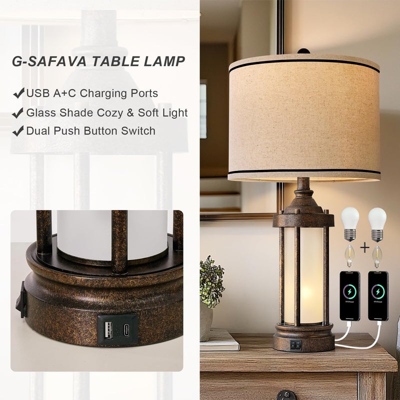G-SAFAVA 25'' Table Lamp for Living Room Bedroom Farmhouse Metal Lamps with 2 USB Ports, Built-in Frosted Glass Night Light Vintage Industrial Nightstand Bedside End Lamp, 2 Bulbs Included, Bronze - Image 3
