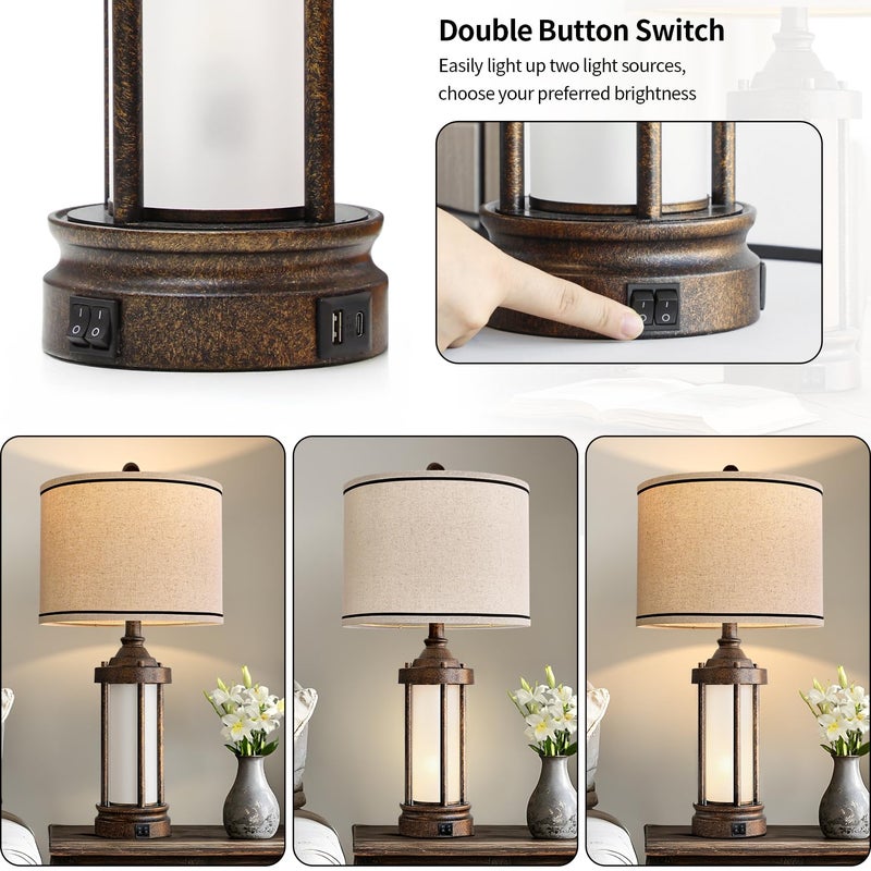 G-SAFAVA 25'' Table Lamp for Living Room Bedroom Farmhouse Metal Lamps with 2 USB Ports, Built-in Frosted Glass Night Light Vintage Industrial Nightstand Bedside End Lamp, 2 Bulbs Included, Bronze - Image 4
