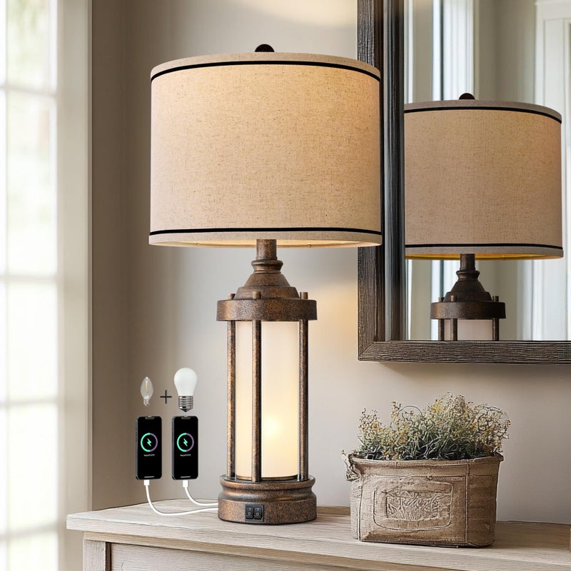 G-SAFAVA 25'' Table Lamp for Living Room Bedroom Farmhouse Metal Lamps with 2 USB Ports, Built-in Frosted Glass Night Light Vintage Industrial Nightstand Bedside End Lamp, 2 Bulbs Included, Bronze - Image 2
