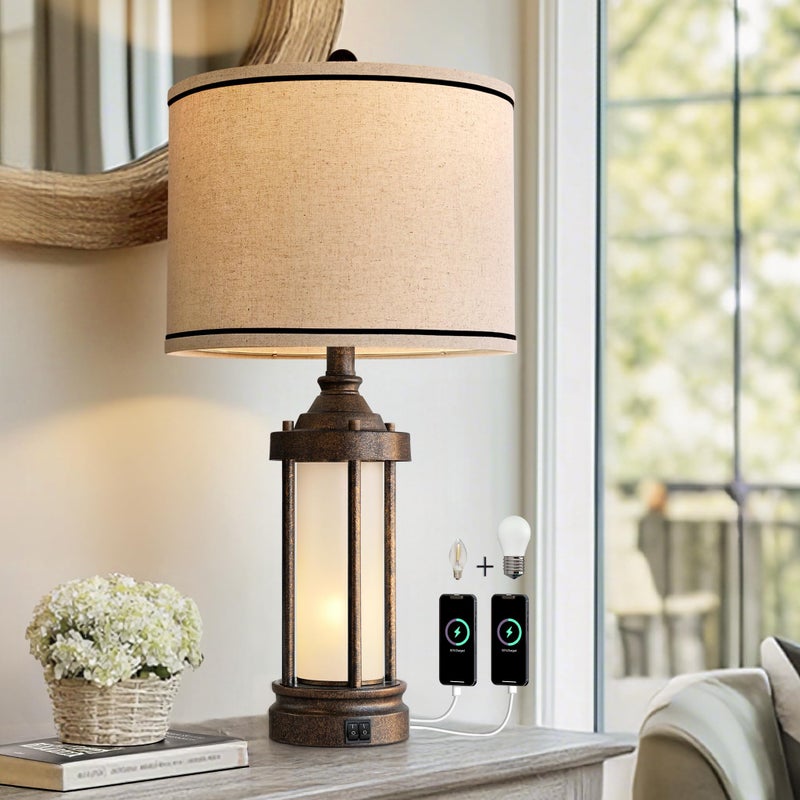 G-SAFAVA 25'' Table Lamp for Living Room Bedroom Farmhouse Metal Lamps with 2 USB Ports, Built-in Frosted Glass Night Light Vintage Industrial Nightstand Bedside End Lamp, 2 Bulbs Included, Bronze - Image 1