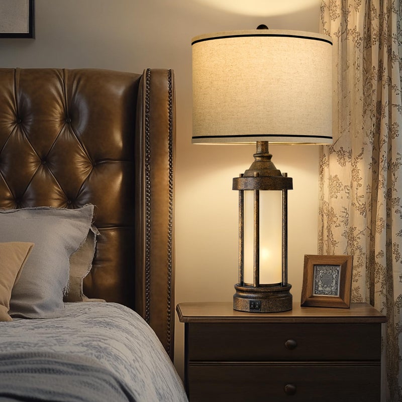 G-SAFAVA 25'' Table Lamp for Living Room Bedroom Farmhouse Metal Lamps with 2 USB Ports, Built-in Frosted Glass Night Light Vintage Industrial Nightstand Bedside End Lamp, 2 Bulbs Included, Bronze - Image 5