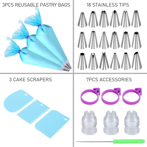 Wddeevoi Piping Bags and Tips Set, Cakes Decorating Kit Supplies with 3 Reusable Pastry Bags, 18 Frosting Tips, 3 Couplers, 3 Bag Ties, 3 Cake Scraper, 1 Cake Decorating Tools for Cookie Icing - Image 2