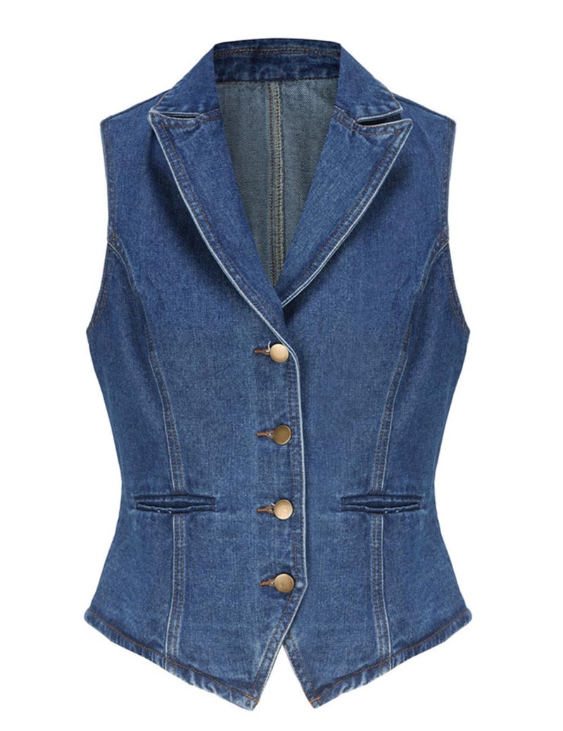 Ladyful Lapel Denim Vest for Women Sleeveless Business Work Jean Waistcoat Vest - Image 1