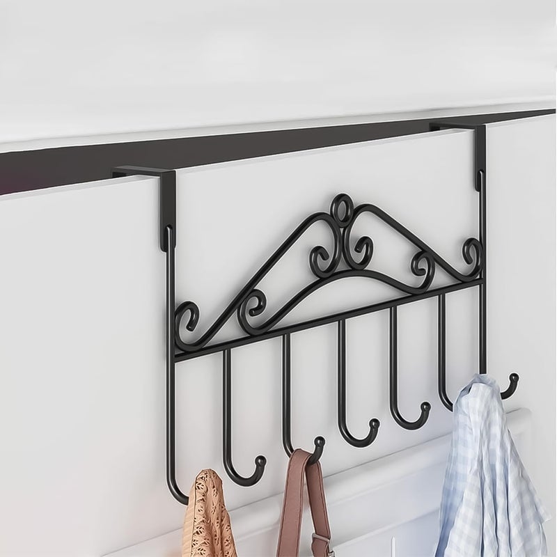 NADEEMS World Decorative Over Door Hook Rack 7 Hooks Black Metal Scroll Design No Installation Required Pack of 1  - Image 1