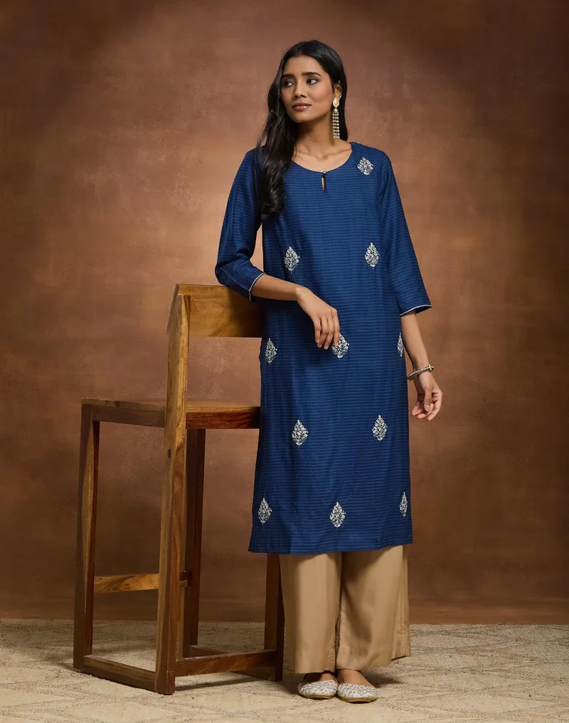 Navy Viscose Blend Embroidered Long Kurta