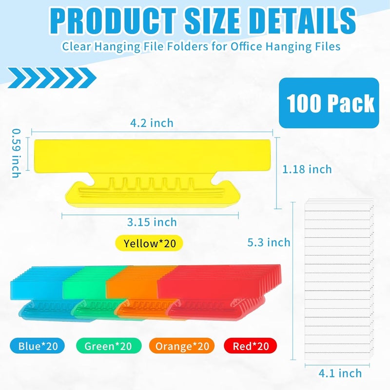General need oriented design 100 Pieces 4 Inch Hanging File Folder Tabs and Inserts Large Clear Plastic Hanging Folder Tabs for Filing Cabinet Folders Labels Back to School Supplies Assorted Colors (100) Adjustable build - Image 2