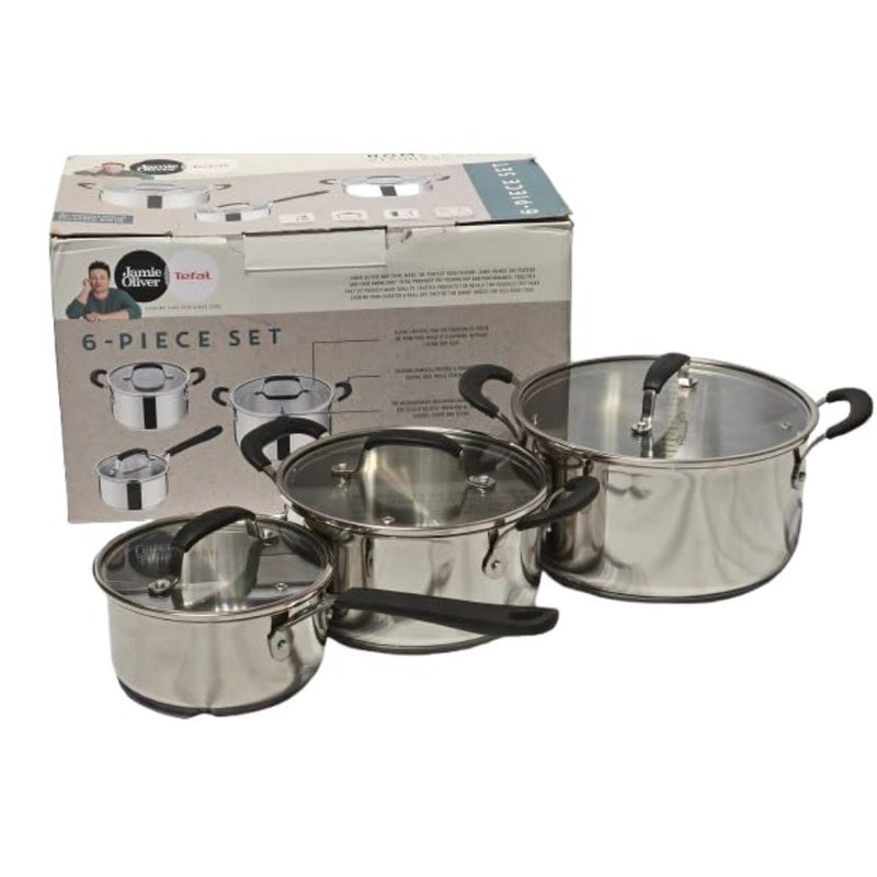 Tefal Jamie Oliver 6 Piece Set containing 3- Piece Set with lids: 16cm Saucepan and 20and24cm stewpots, Thermo Fusion, Oven Compatible, Silicon Handle and Glass lid - Image 1