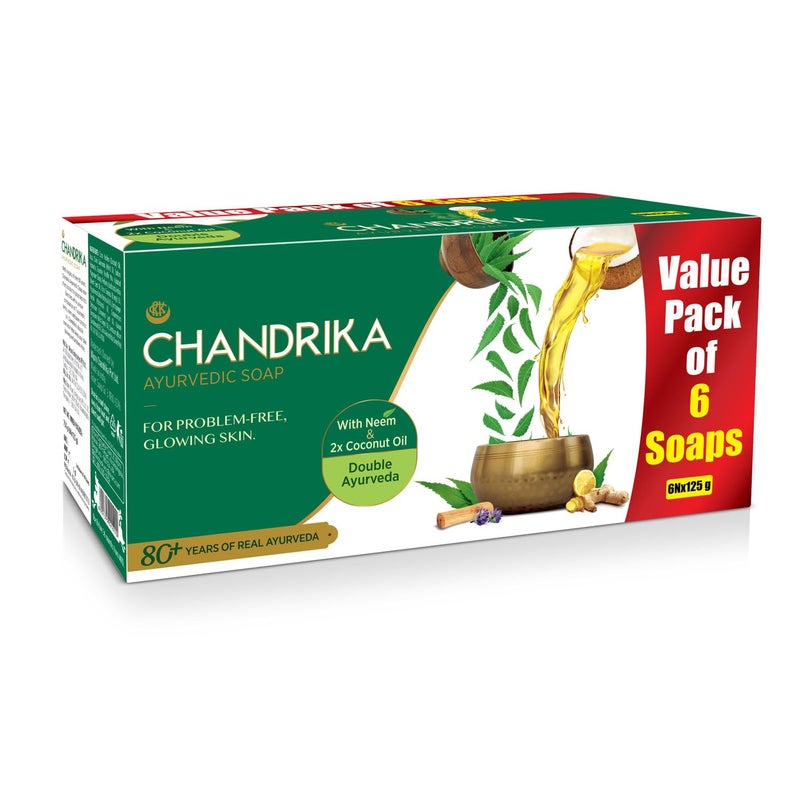 Chandrika Ayurvedic Soap Classic Handmade Soap for Naturally Radiant Skin For All Skin Types 125g Pack of 6 - Image 1