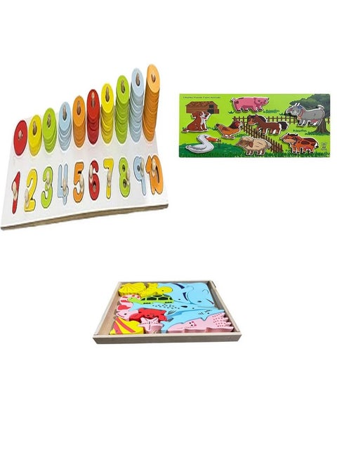 Kinder Creative Peg Number Ring Counting Set,Chunky Stacking Farm Animals Puzzle,3D Sea Animals Stacking Puzzle, Educational Puzzle and Toys for Kids Pack of 3