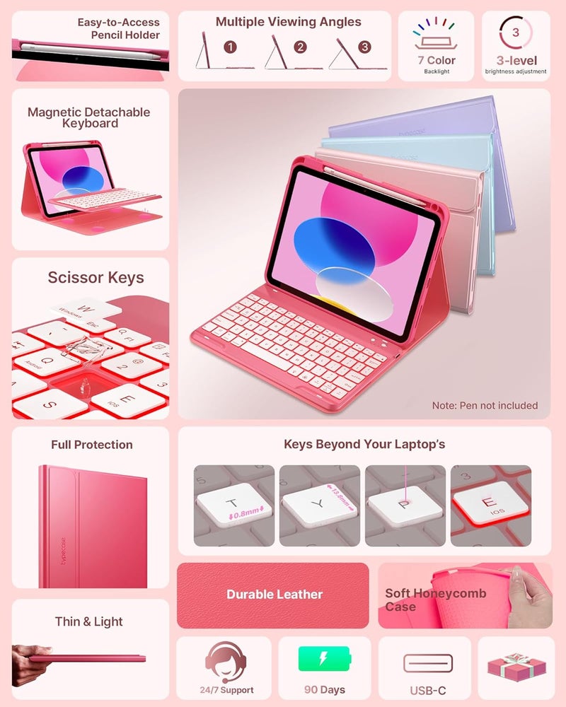 typecase غلاف لوحة مفاتيح تيبكيس فوليو لآيباد الجيل العاشر 10.9 بوصة (2022) وآيباد الجيل الحادي عشر (A16، 2025)، لوحة مفاتيح مغناطيسية لاسلكية قابلة للفصل، إضاءة خلفية بسبعة ألوان، رفيع وخفيف، حامل قلم – وردي - Image 3
