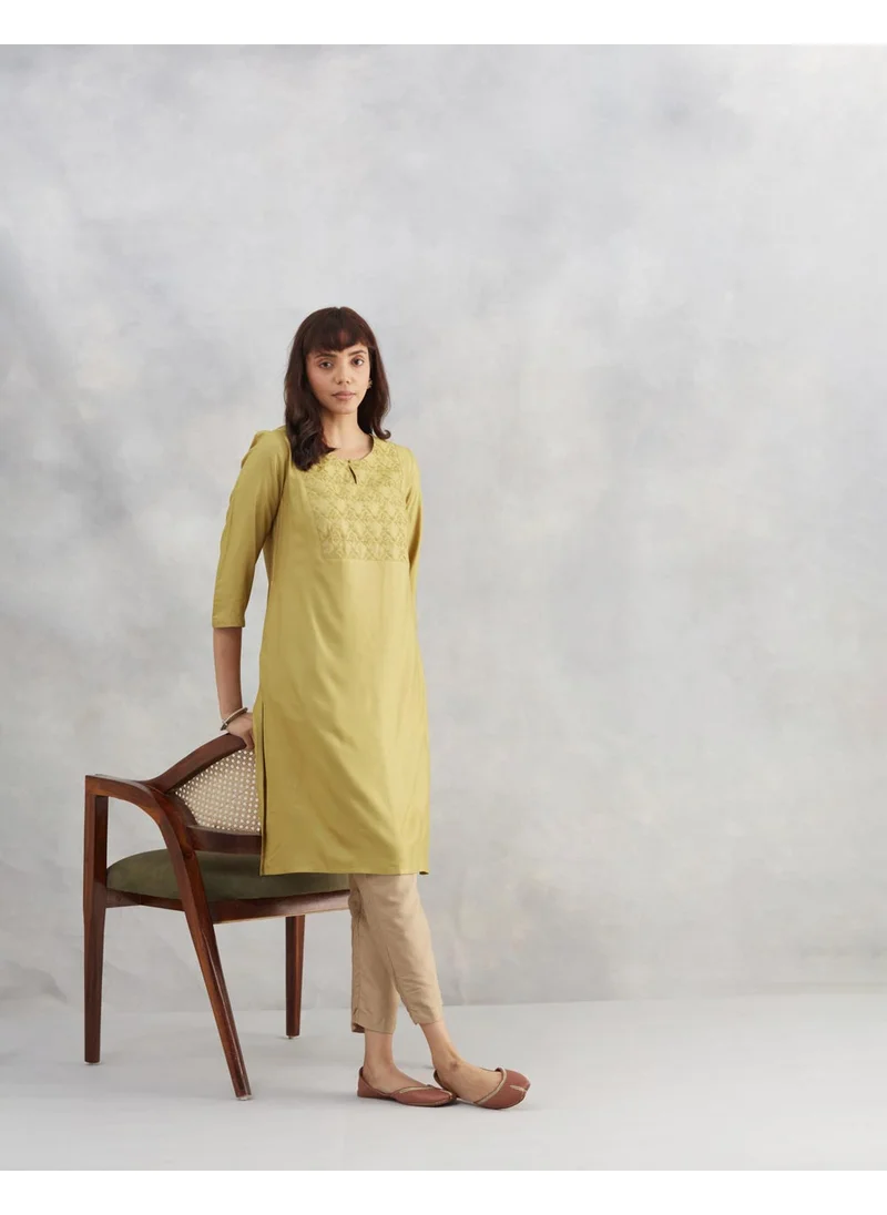 فاب انديا Green Viscose Silk Embroidered Knee Length Kurta