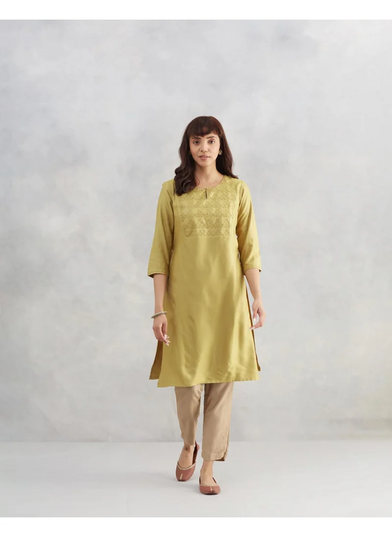 فاب انديا Green Viscose Silk Embroidered Knee Length Kurta