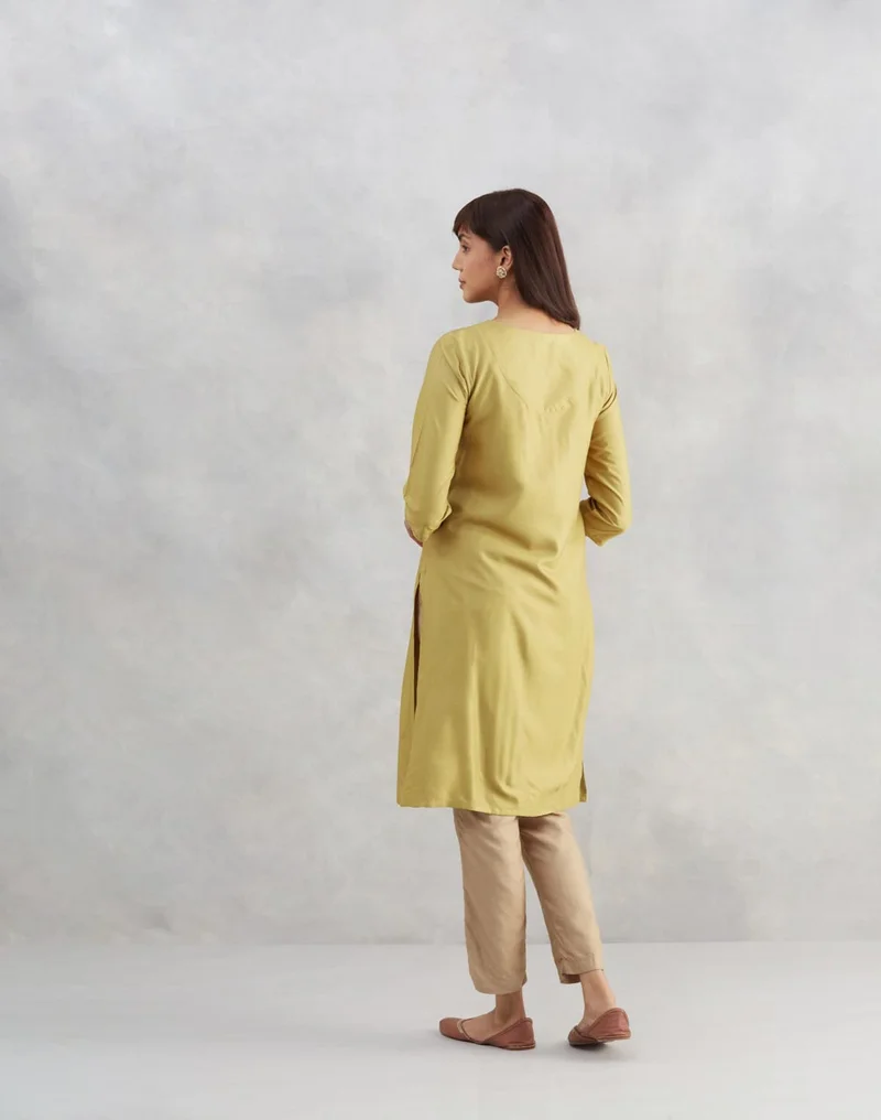 Fabindia Green Viscose Silk Embroidered Knee Length Kurta