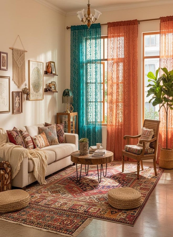 WAZZIO Teal Sheer Curtains 2 Panel (Set of 2, W52 xL84),Rod Pocket Boho Cute Tassel Vintage Floral Pattern Lace Drapes,Voile Privacy Coastal Beach Curtains for Bedroom Living Room, Turquoise - Image 5