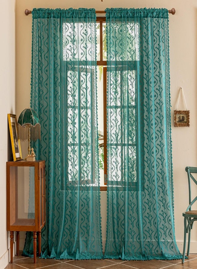 WAZZIO Teal Sheer Curtains 2 Panel (Set of 2, W52 xL84),Rod Pocket Boho Cute Tassel Vintage Floral Pattern Lace Drapes,Voile Privacy Coastal Beach Curtains for Bedroom Living Room, Turquoise - Image 2