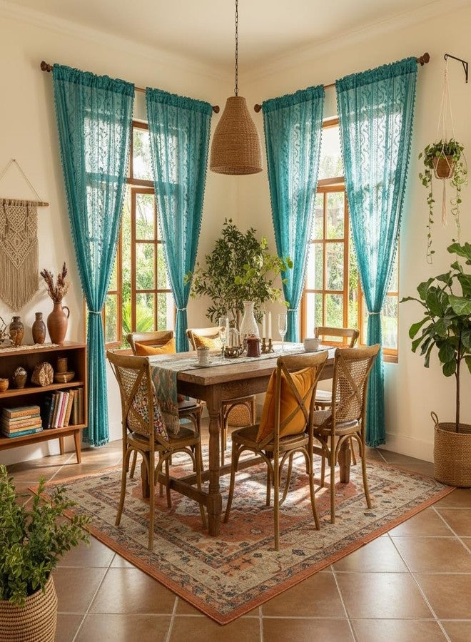WAZZIO Teal Sheer Curtains 2 Panel (Set of 2, W52 xL84),Rod Pocket Boho Cute Tassel Vintage Floral Pattern Lace Drapes,Voile Privacy Coastal Beach Curtains for Bedroom Living Room, Turquoise - Image 4