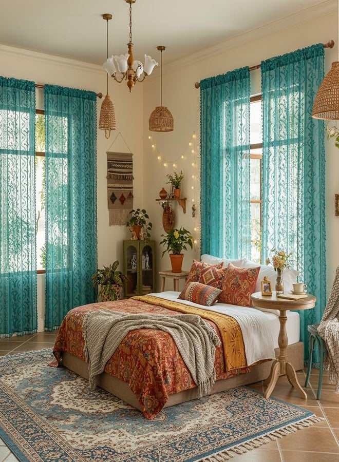 WAZZIO Teal Sheer Curtains 2 Panel (Set of 2, W52 xL84),Rod Pocket Boho Cute Tassel Vintage Floral Pattern Lace Drapes,Voile Privacy Coastal Beach Curtains for Bedroom Living Room, Turquoise - Image 3