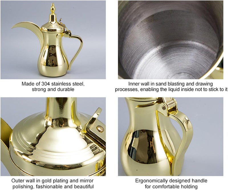 ANTOLE Arabic Coffee Pot Dallah,Traditional Qahwa Coffee Server,Stainless Steel Gold Finish,Available in various capacity,Ideal for Arabic Coffee,Gifting,Majlis Serving(Gold, 1L) - Image 2