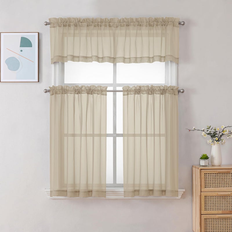 Chyhomenyc Sheer Taupe Valances for Windows 2 Pack  Small Window Curtains for Living Room Bathroom Laundry Basement  Modern Rod Pocket Voile Curtains  42Wx14L inches - Image 3