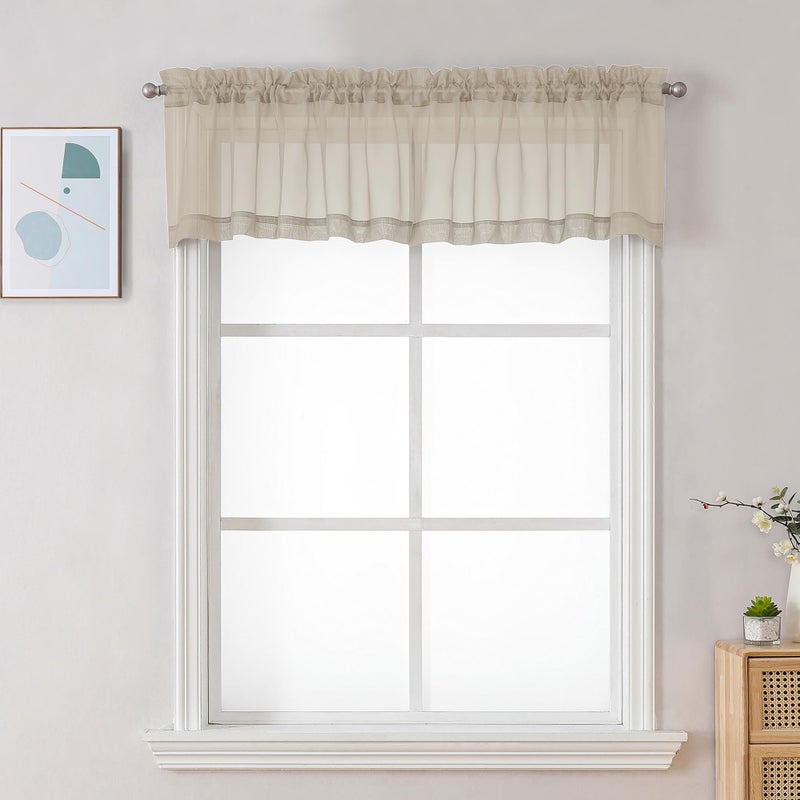 Chyhomenyc Sheer Taupe Valances for Windows 2 Pack  Small Window Curtains for Living Room Bathroom Laundry Basement  Modern Rod Pocket Voile Curtains  42Wx14L inches - Image 1