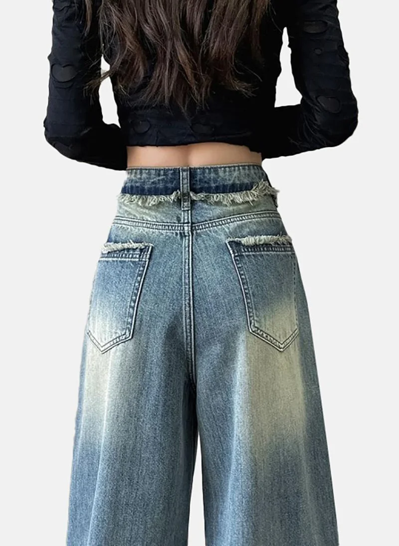 يونيكي Blue Solid Mid Rise Relaxed Wide Leg Jeans