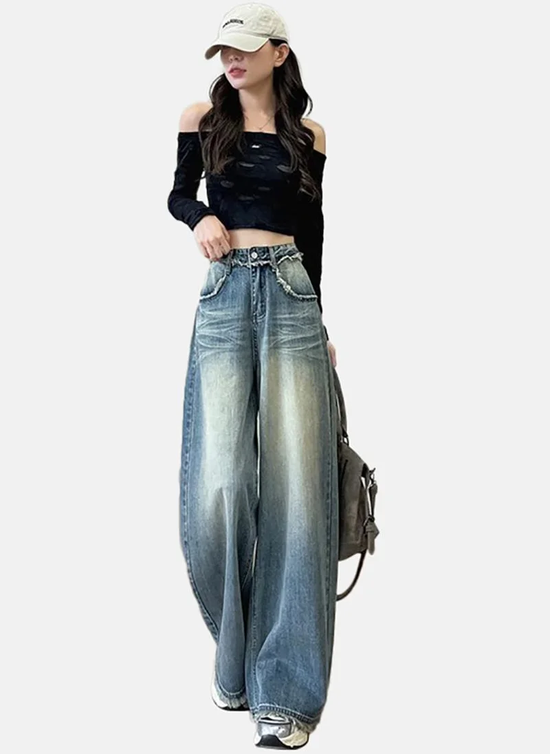يونيكي Blue Solid Mid Rise Relaxed Wide Leg Jeans