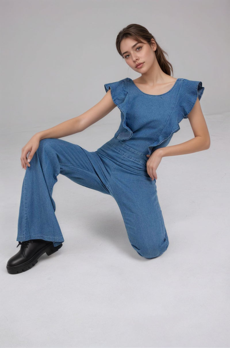 Omoone Womens Flared Denim Overalls Jumpsuit Ruffle Sleeves Backless Stretchy Blue Jean Romper(3219-Blue-S) - Image 5