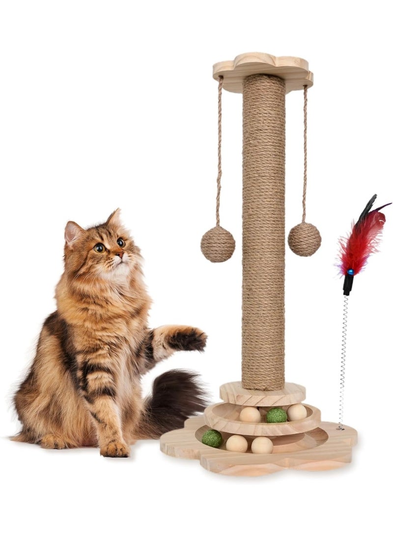 FALAHOM 4 في 1 عمود احتكاك للقطط من الخشب مع كرات عالقة من الصنوبر وكرة ريشية لألعاب القطط الصغيرة والبالغة في الداخل - Image 1