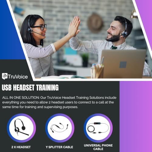 TruVoice Computer Dual Headset Bundle for Office Training | Monitoring | Supervising : Includes 2 x HD550 Headset with NC Microphone, Training Y Splitter + USB Cable Compatible with PC and Softphones - Image 2