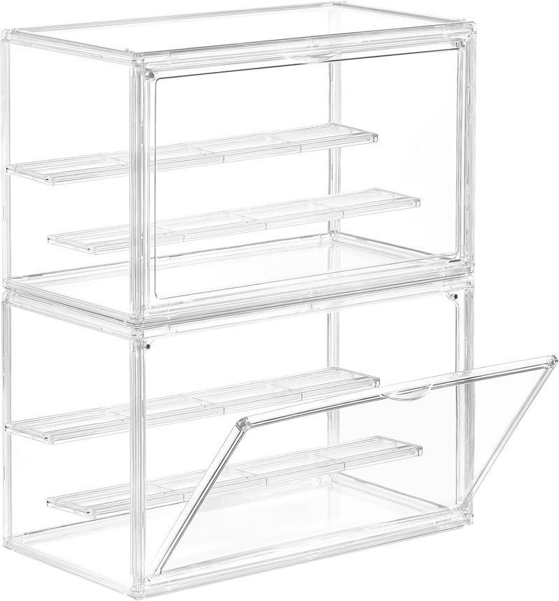 Freebat Clear Acrylic Display Case for Collectibles - 3-Tier Adjustable Figure Display with Magnetic Door & Removable Shelves,Stackable Dispaly Box for Figures - 2 Pack - Image 1