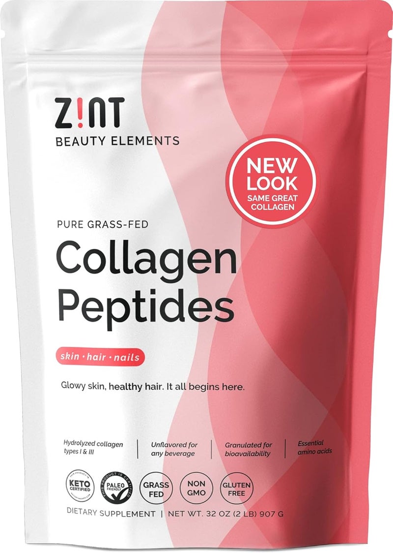 Zint Collagen Peptides Powder 32 oz  GrassFed Hydrolyzed Type I  III  Supports Skin Hair Joints  Gut Health  Rich in Key Amino Acids  PaleoFriendly Keto NonGMO Unflavored - Image 1