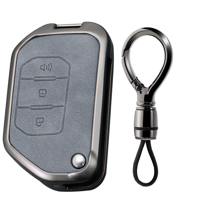 SANRILY Gray Metal Leather 3 Button Flip Key Fob Cover Compatible with Wrangler JL JLU Gladiator JT Rubicon Sahara JLU 20182022 Keyless Key Holder with Keychain C