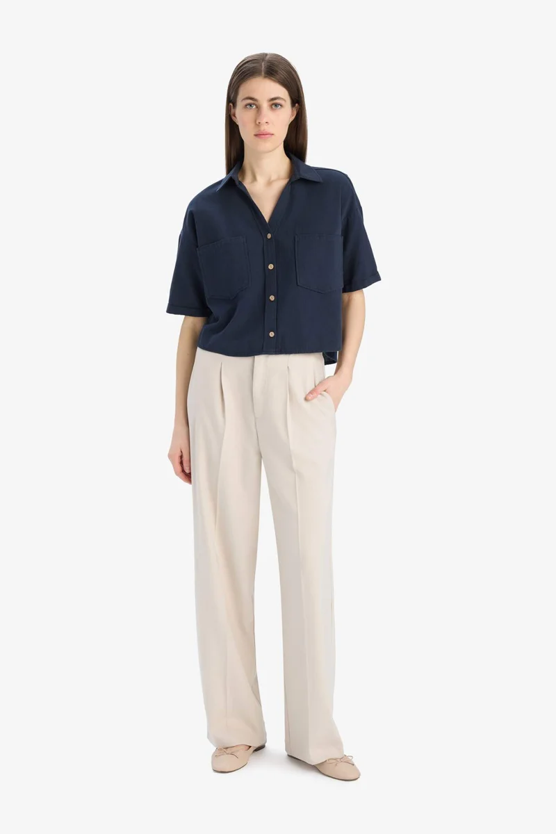ديفاكتو Boxy Fit Shirt Collar Linen Blended Short Sleeve Shirt