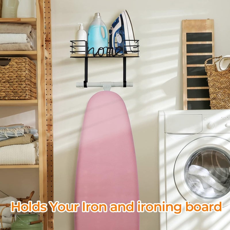 TJMOREE Ironing Board Hanger Wall Mount - Laundry Room Decor Iron and Ironing Board Holder with Large Storage Wooden Base Basket and Removable Hooks (Black) - Image 2