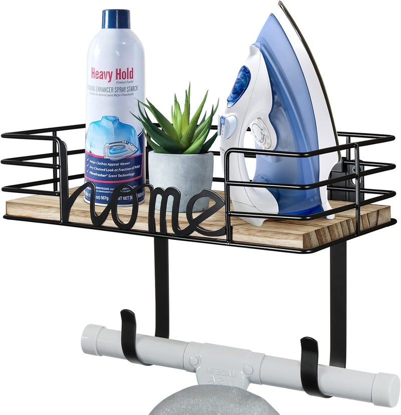 TJMOREE Ironing Board Hanger Wall Mount - Laundry Room Decor Iron and Ironing Board Holder with Large Storage Wooden Base Basket and Removable Hooks (Black) - Image 1
