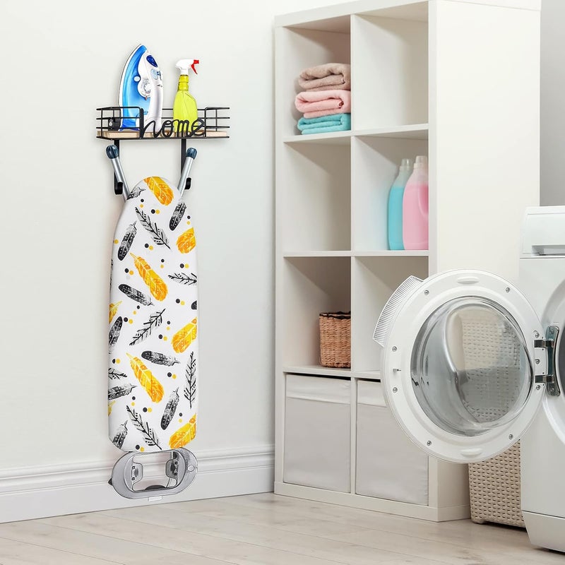 TJMOREE Ironing Board Hanger Wall Mount - Laundry Room Decor Iron and Ironing Board Holder with Large Storage Wooden Base Basket and Removable Hooks (Black) - Image 3