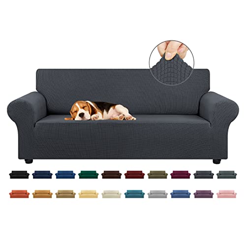 KEKUOU Stretch Sofa Cover Slipcover ，Couch Covers for 3 Cushion Couch Sofa pet Friendly (78"-94") Furniture Protector Sofa with Elastic Bottom for Kids,Dog, Jacquard Small Checked(Large,Charcoal) - Image 1