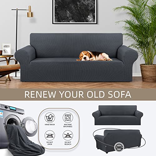 KEKUOU Stretch Sofa Cover Slipcover ，Couch Covers for 3 Cushion Couch Sofa pet Friendly (78"-94") Furniture Protector Sofa with Elastic Bottom for Kids,Dog, Jacquard Small Checked(Large,Charcoal) - Image 3