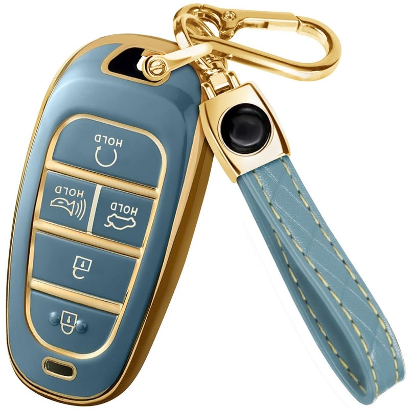 Lucrum Compatible with Hyundai Key Fob Cover & Leather Keychain, Keyfob Case for Santa Fe, Sonata, Tucson, Grandeur, Ioniq 5, Palisade, Nexo - For 5 Button Remote (2019-2025) - Blue and Gold - Image 1