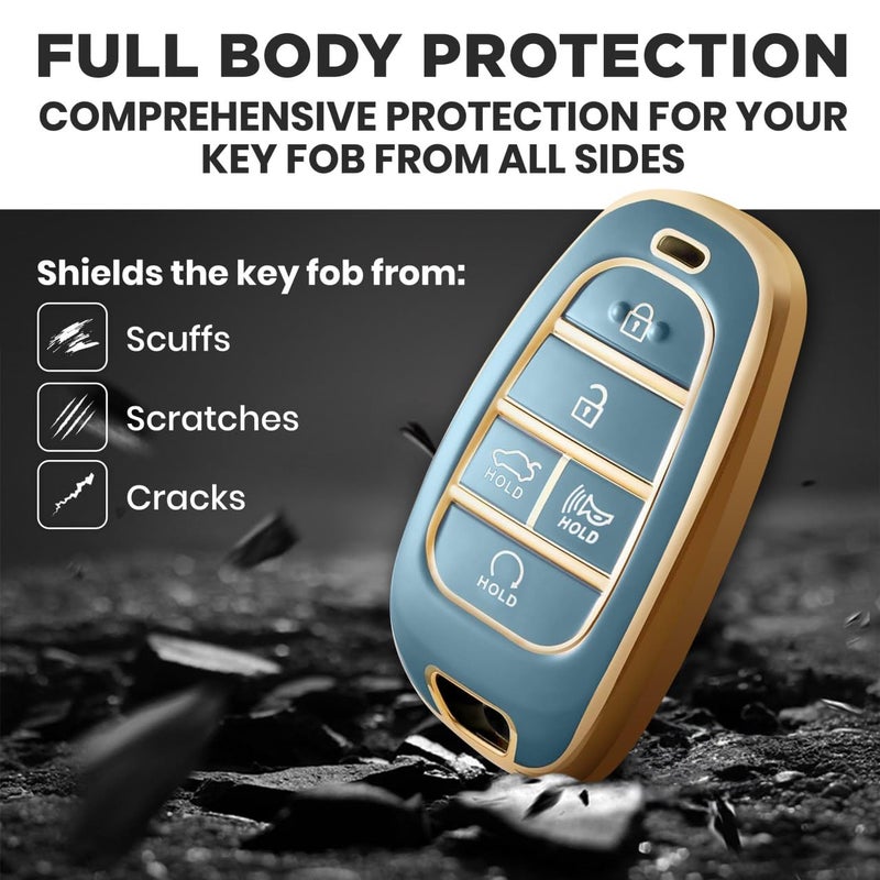 Lucrum Compatible with Hyundai Key Fob Cover & Leather Keychain, Keyfob Case for Santa Fe, Sonata, Tucson, Grandeur, Ioniq 5, Palisade, Nexo - For 5 Button Remote (2019-2025) - Blue and Gold - Image 3