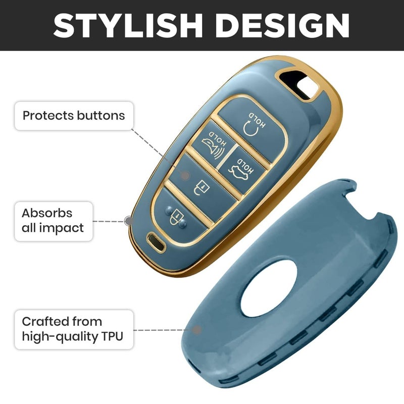 Lucrum Compatible with Hyundai Key Fob Cover & Leather Keychain, Keyfob Case for Santa Fe, Sonata, Tucson, Grandeur, Ioniq 5, Palisade, Nexo - For 5 Button Remote (2019-2025) - Blue and Gold - Image 5