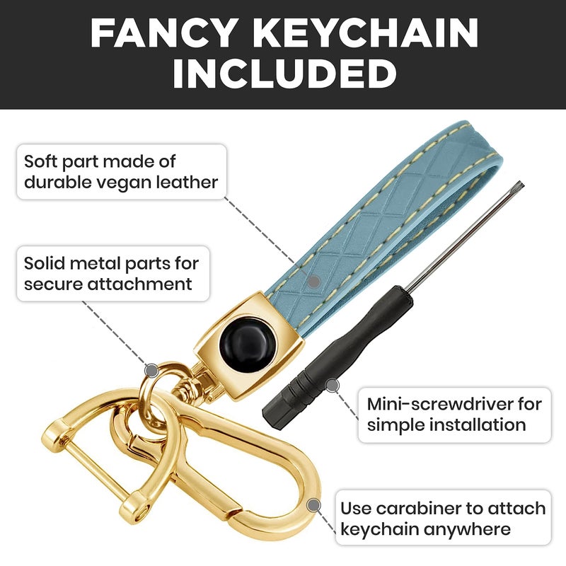 Lucrum Compatible with Hyundai Key Fob Cover & Leather Keychain, Keyfob Case for Santa Fe, Sonata, Tucson, Grandeur, Ioniq 5, Palisade, Nexo - For 5 Button Remote (2019-2025) - Blue and Gold - Image 4
