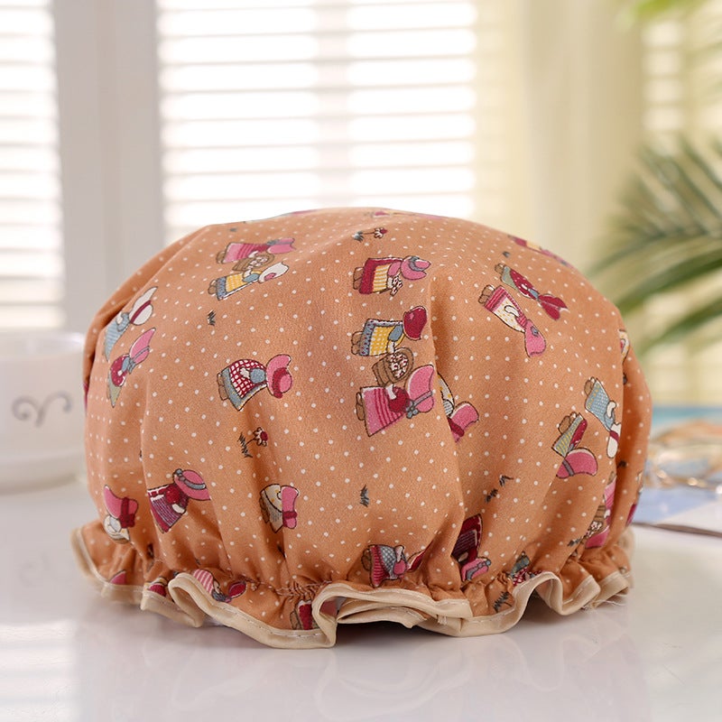 Double Layer Waterproof Shower Cap Disposable Hair Cap Peva Dustproof Satin Polyester Cotton Cartoon Shower Cap - Image 1