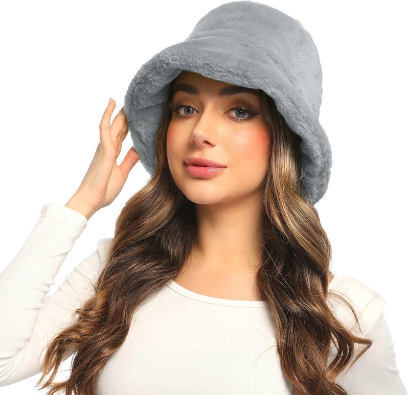 Umeepar Winter Faux Fur Fuzzy Bucket Hat Fluffy Warm Hat for Women Men - Image 3