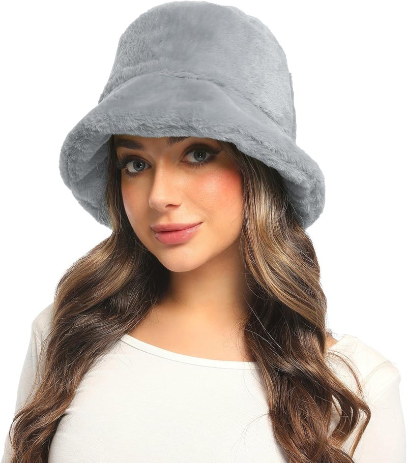 Umeepar Winter Faux Fur Fuzzy Bucket Hat Fluffy Warm Hat for Women Men - Image 2