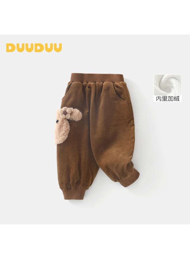 Duuduu Toddler Fleece Lined Jogger Pants Autumn Winter Casual Fashion Versatile Cartoon Warm Baby Casual Pants Coffee 100