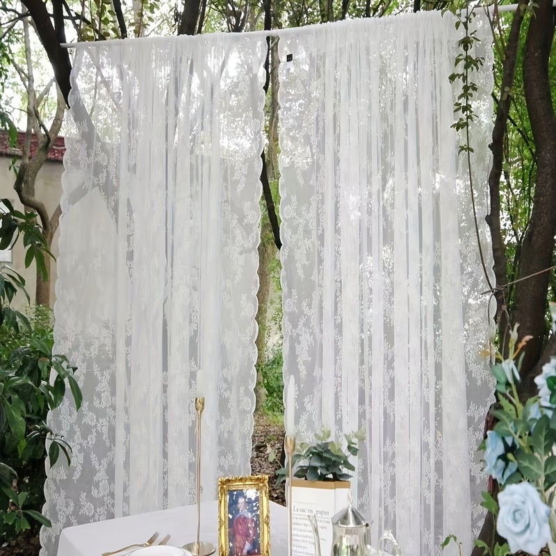 2pcs Black Lace Sheer Curtain Set 150x244cm Adjustable Pole Pocket Vintage Stamen Curtain For Dressing Table Wardrobe Living Room Door Kitchen Wedding Decor - Image 1