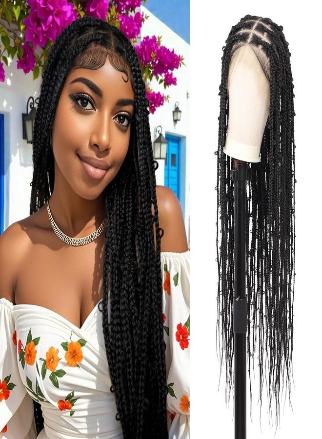 Lexqui 360° HD Full Lace Braided Wigs for Women Knotless Braided Wigs Butterfly Box Braid Wig with Baby Hair Human Hair Blended Braid Lace Front Wig Black 36 Inch - Image 1